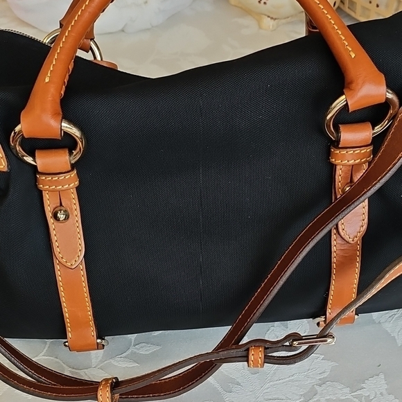 Dooney & Bourke Medium Black Canvas and Brown Leather Trim Satchel - Picture 3 of 13
